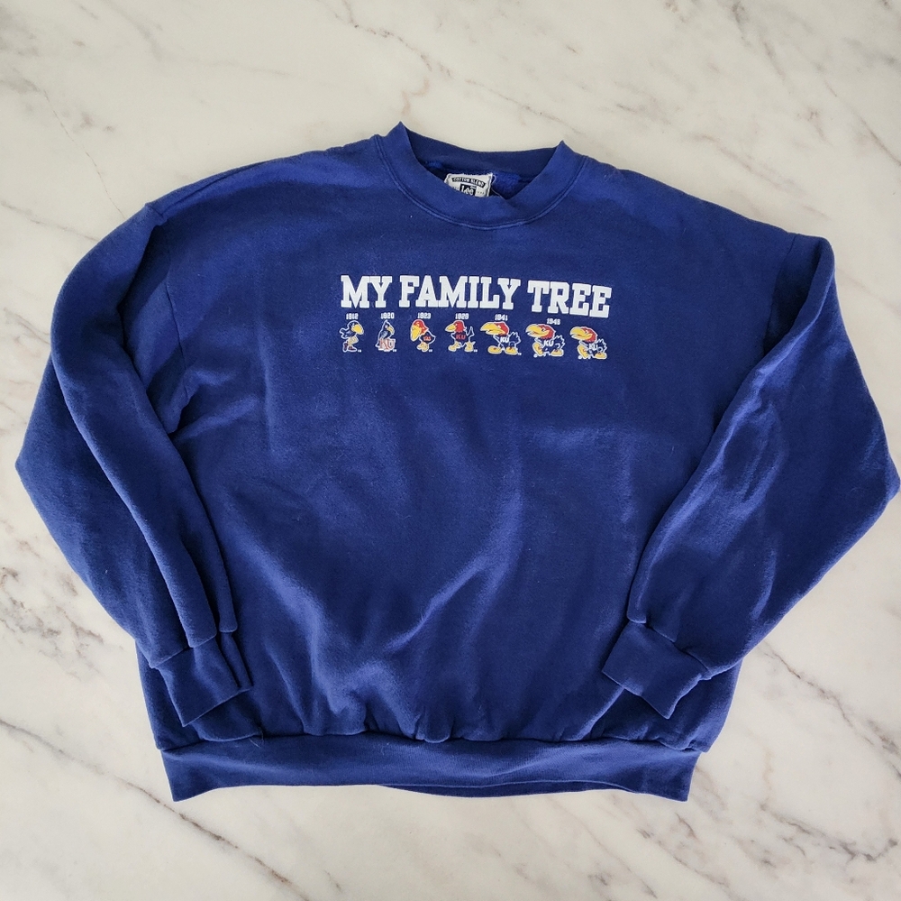 KU Vintage My Family Tree Blue Sweatshirt University of Kansas Jayhawks 80's